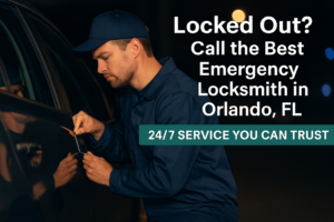 Emergency locksmith unlocking car in Orlando at night – 24/7 mobile service