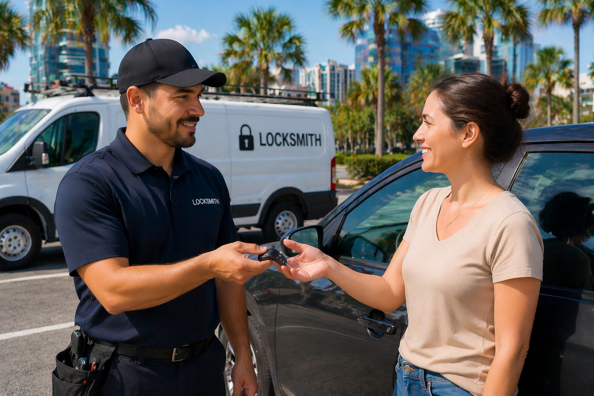 Mobile locksmith Orlando technician handing car key fob to satisfied customer next to white locksmith service van with downtown Orlando skyline and palm trees in background